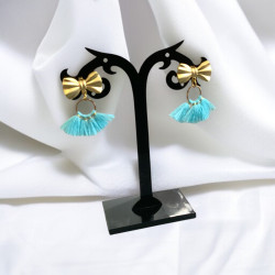 Boucles d'Oreilles Unique Noeud Doré Pompon Turquoise (x1)